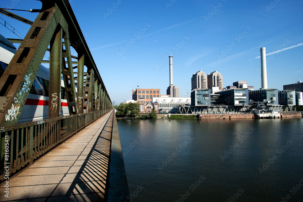 Fototapeta premium Frankfurt am Main, bridge, river, skyline, harbor