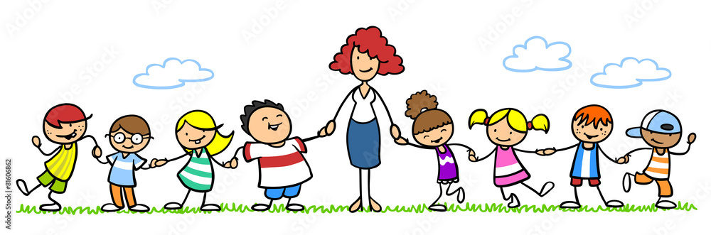 Erzieherin mit Gruppe Kinder im Kindergarten, obrazy, fototapety