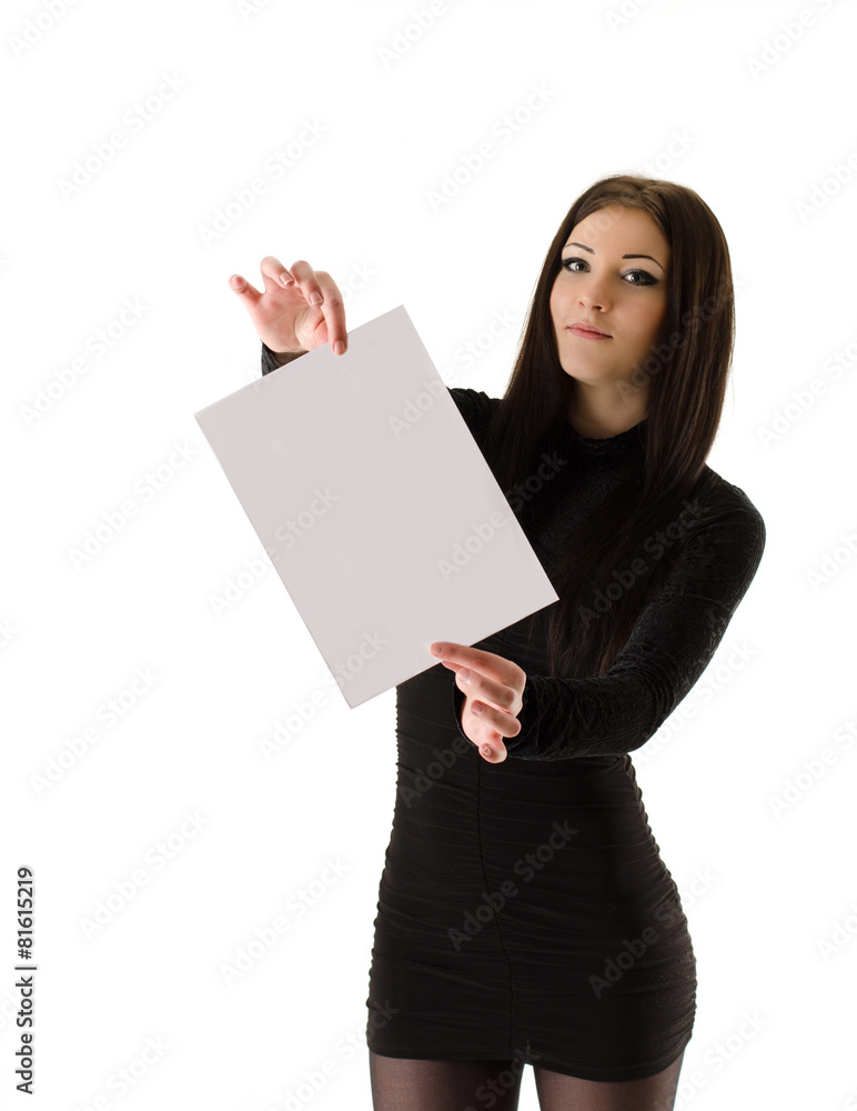 woman holding a sheet of paper on a white background woman holding a sheet of paper on a white background