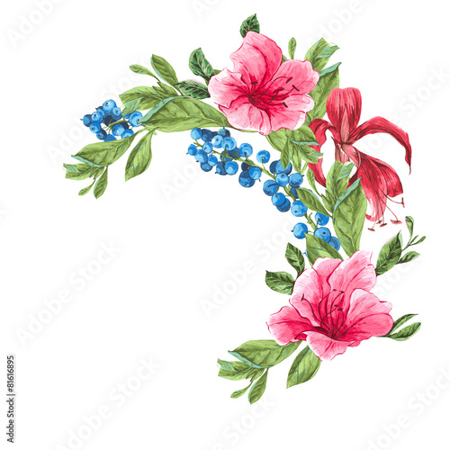 Invitation Vintage Card with Blueberries, Pink Tropical Flowers