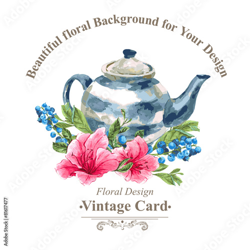 Invitation Vintage Card with Blueberries, Pink Tropical Flowers