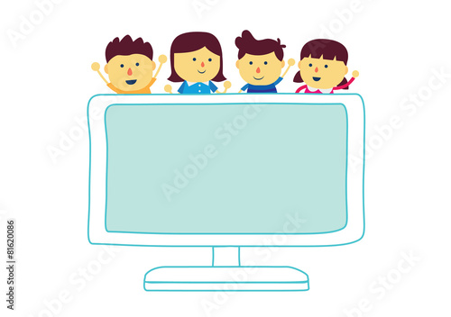 Kids group is happy over computer screen