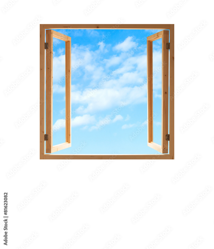 window open wooden frame sky view isolated white background window open wooden frame sky view isolated white background