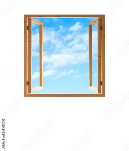 window open wooden frame  sky view isolated white background