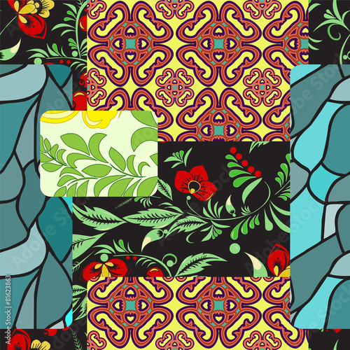 seamless patchwork pattern with flowers - stock vector