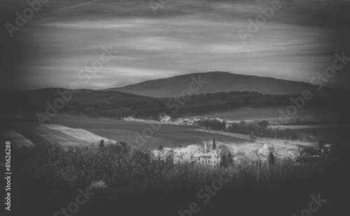 vintage old small town on the hill, black and white