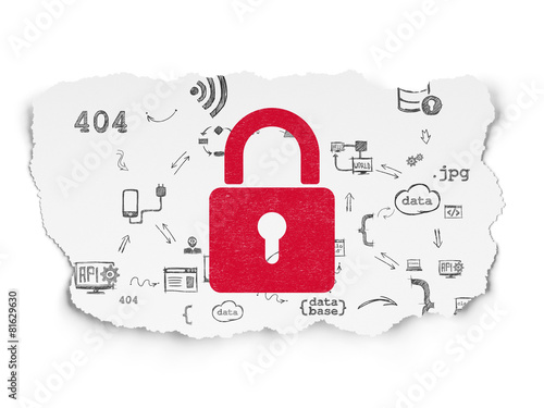 Protection concept: Closed Padlock on Torn Paper background