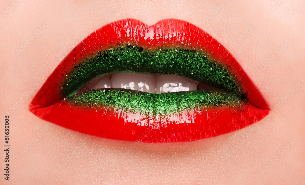lips gloss make-up with gold glitter. lips gloss make-up with gold glitter.