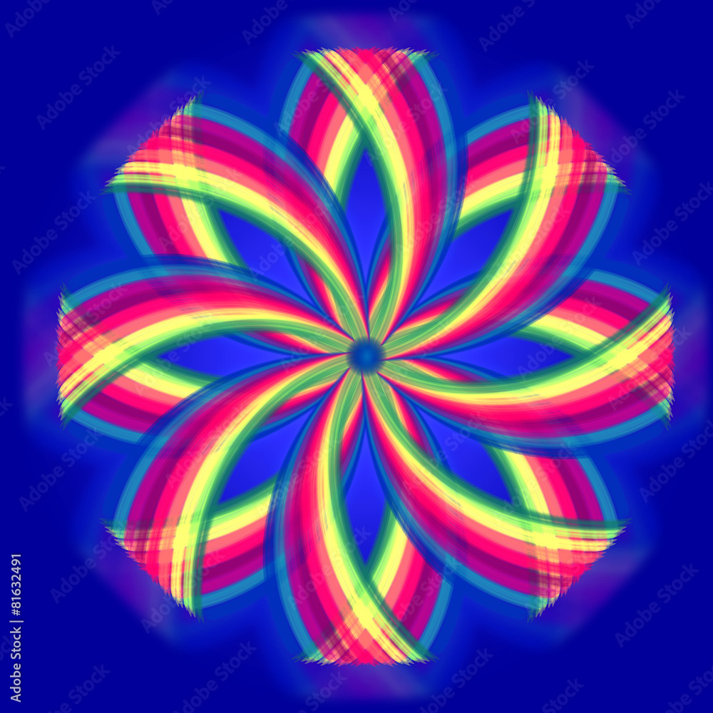 mandala flower, rainbow colors in circles over blue mandala flower, rainbow colors in circles over blue