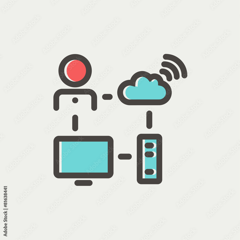 Male office worker with computer set and wifi thin line icon Male office worker with computer set and wifi thin line icon