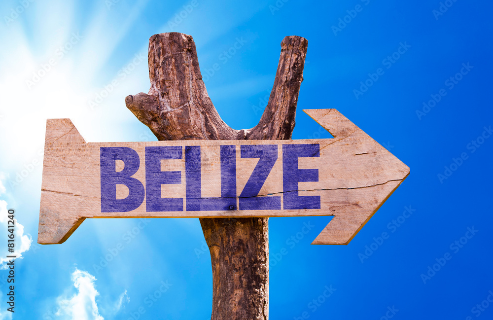 Belize wooden sign with sky background