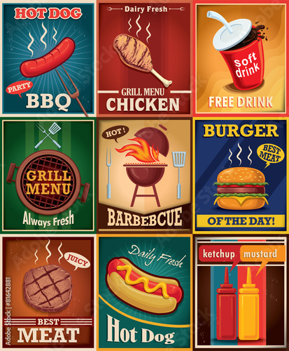 Vintage bbq grill poster design set