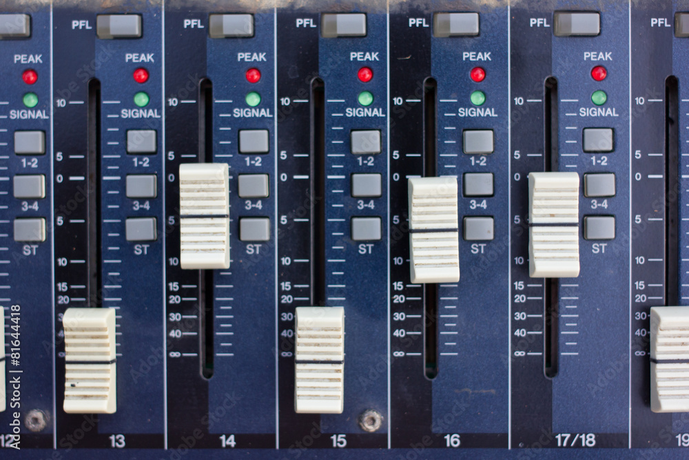 Audio sound mixer with buttons and sliders. Audio sound mixer with buttons and sliders.