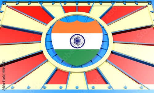 india flag on shield in center of sun burst banner