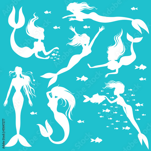 Set white silhouettes mermaids on turquoise background