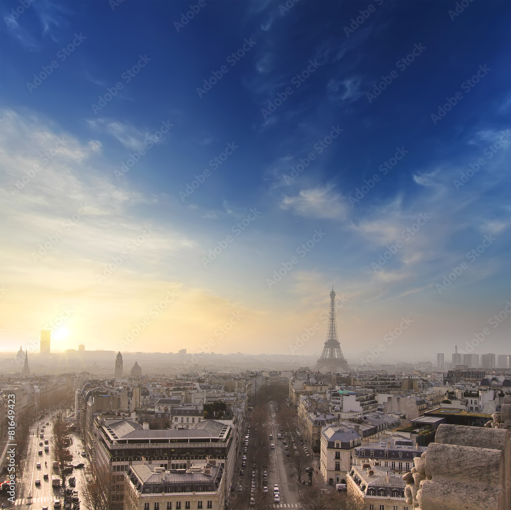 Paris with Eiffel tower in sunset time