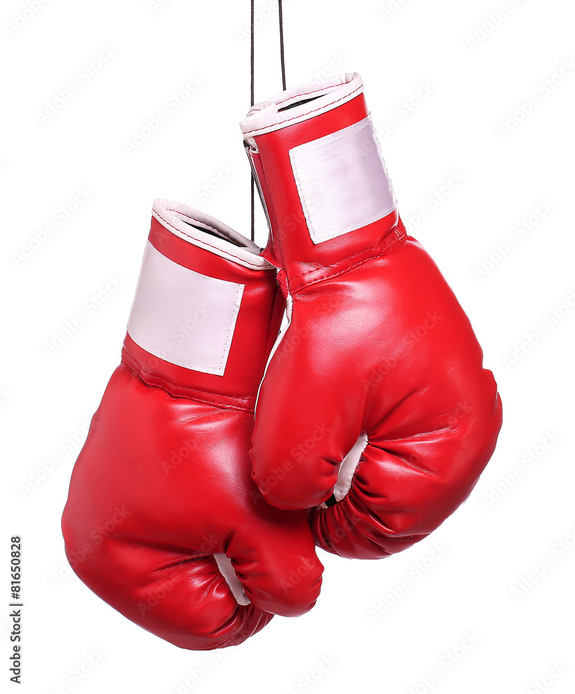 Pair of leather boxing gloves isolated on white - obrazy, fototapety, plakaty 