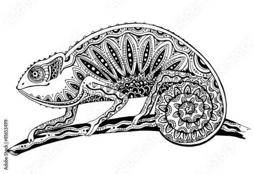 picture of black and white chameleon lizard in tattoo style