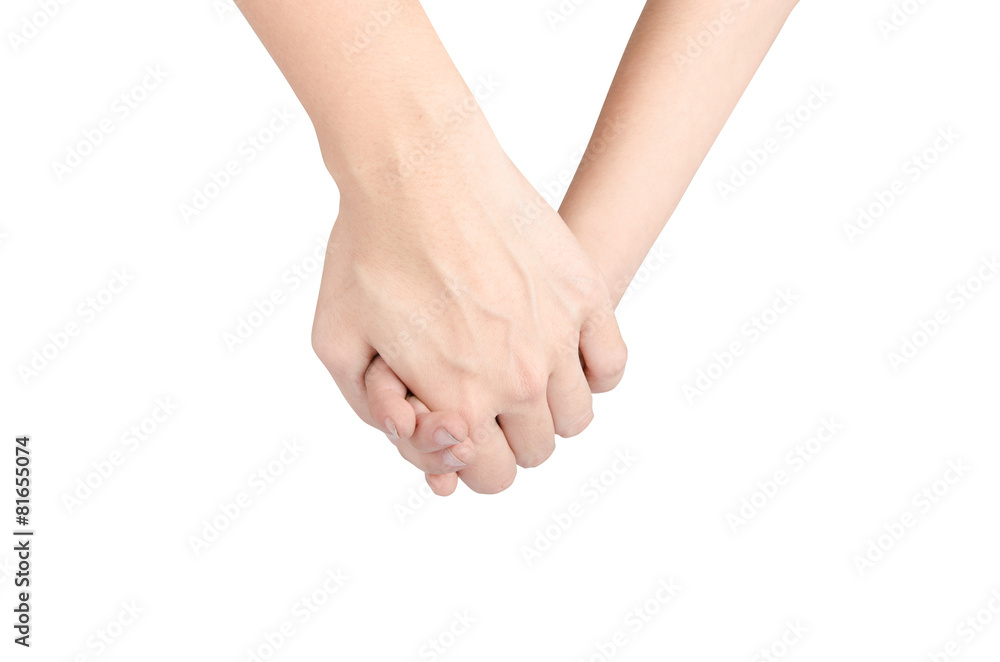 mother holding son hand together isolate on white background