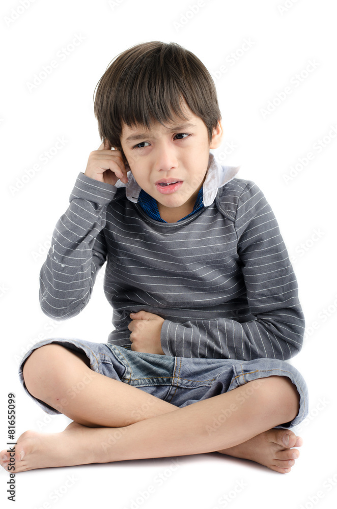 Little boy pain his ear with crying isolate on white background Little boy pain his ear with crying isolate on white background
