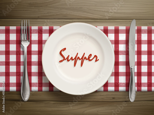 supper word written by ketchup on a plate