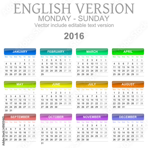 2016 Calendar English Language Version Mon – Sun