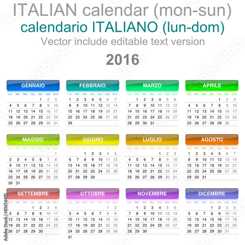 2016 Calendar Italian Language Version Mon – Sun