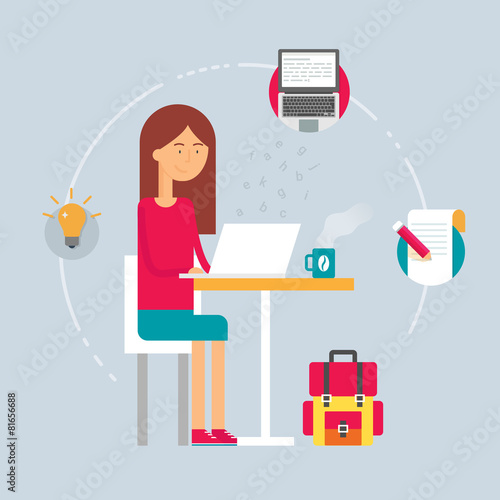 Illustration of a copywriter sitting at the table and using lapt