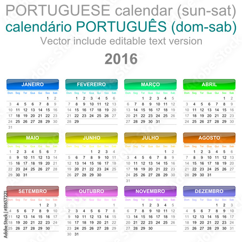 2016 Calendar Portuguese Language Version Sun – Sat