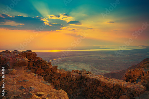 Beautiful sunrise over Masada fortress