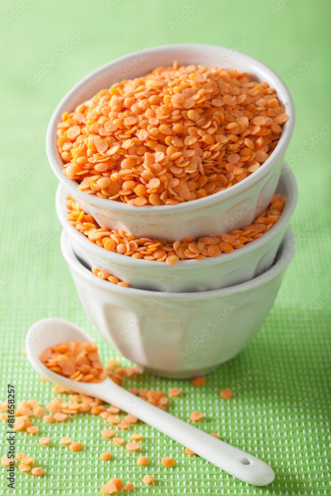 raw healthy red lentils in bowls raw healthy red lentils in bowls