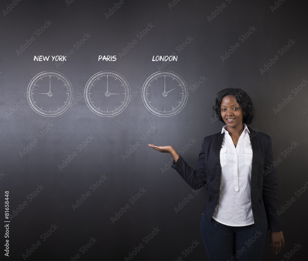 African American woman teache with chalk time zone clocks African American woman teache with chalk time zone clocks