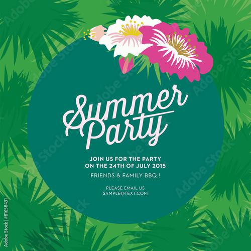 Summer Party with flowers and green. Vector design.