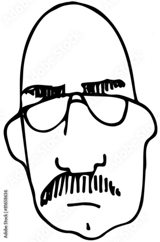 sketch of a bald man with a mustache wearing glasses