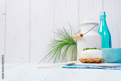 Chives, milk jug and cottage chease photo