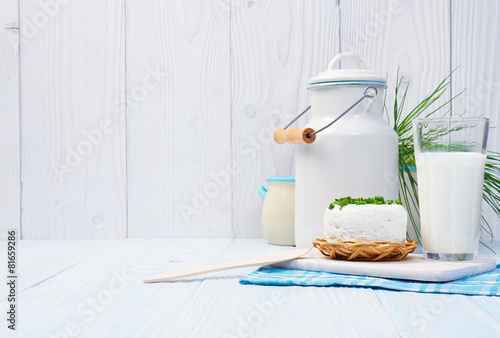 Chives, milk jug and cottage chease photo
