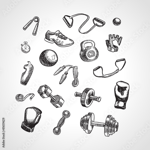 Fitness and gym vector accessories set. Hand drawn sports icon