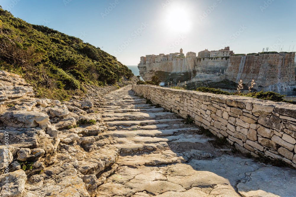 Steps leading down towards Bonifacio citadel in Corsica
