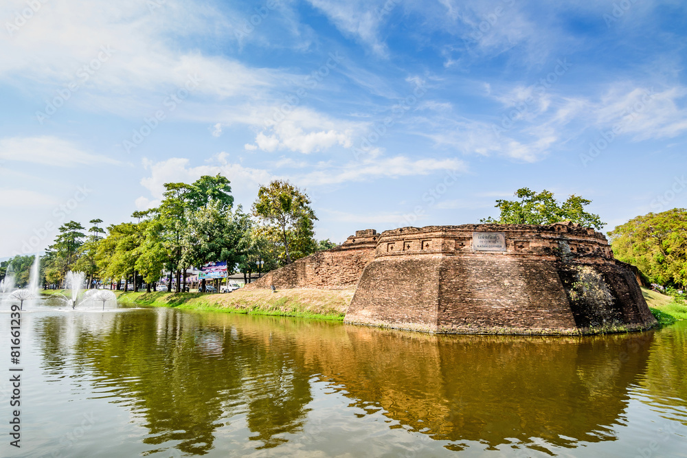 Historical fortress and ancient wall in chiang mai, landmark of