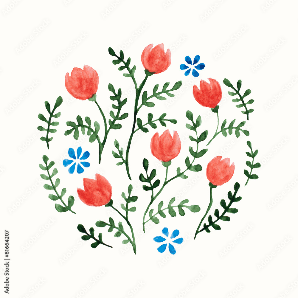 Vector circle made of watercolor flowers. Cute card
