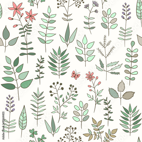 Seamless pattern with doodle herbs and flowers.