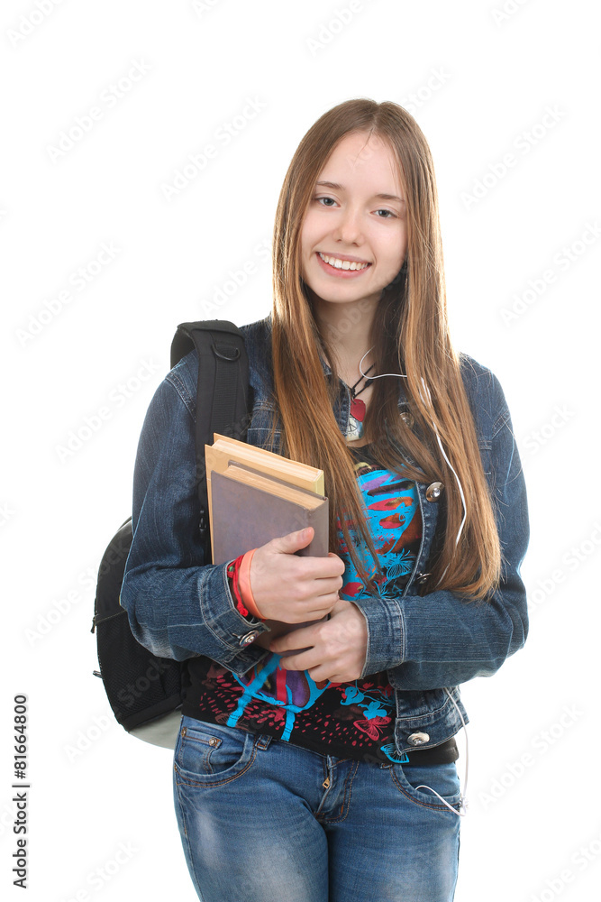 Beautiful student girl with books. Isolated on white