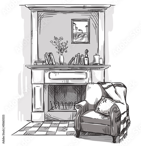 Hand drawn fireplace and an armchair.