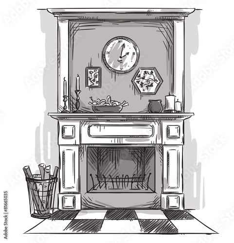 Hand drawn fireplace. A cozy place at home.
