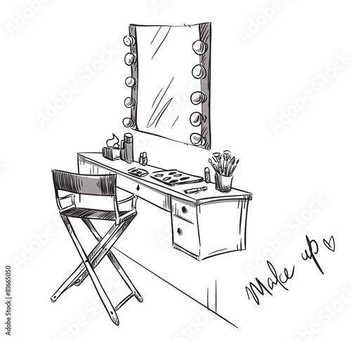 Vanity table and folding chair illustration.
