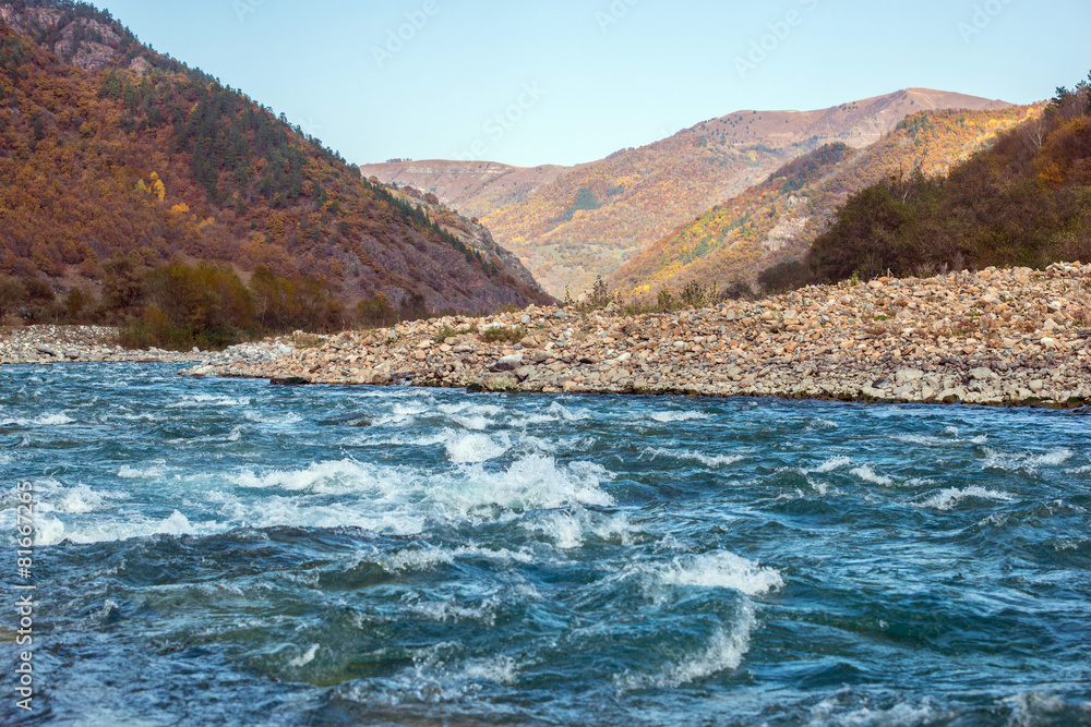 autumn landscape mountain river North Caucasus