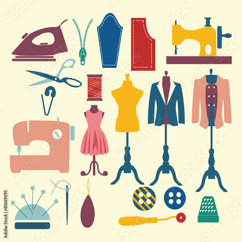 Tailor and sewing icon set Fashion Industry