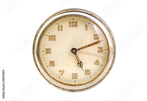 Antique clock face showing the time isolated on a white