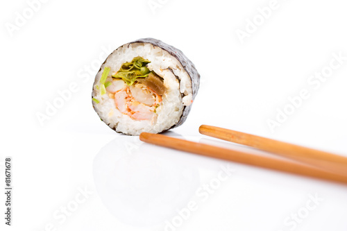 Sushi pieces collection with bamboo chopsticks, isolated on white