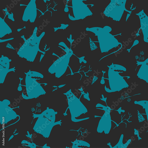 Hand drawn cartoon style animals. Seamless pattern.